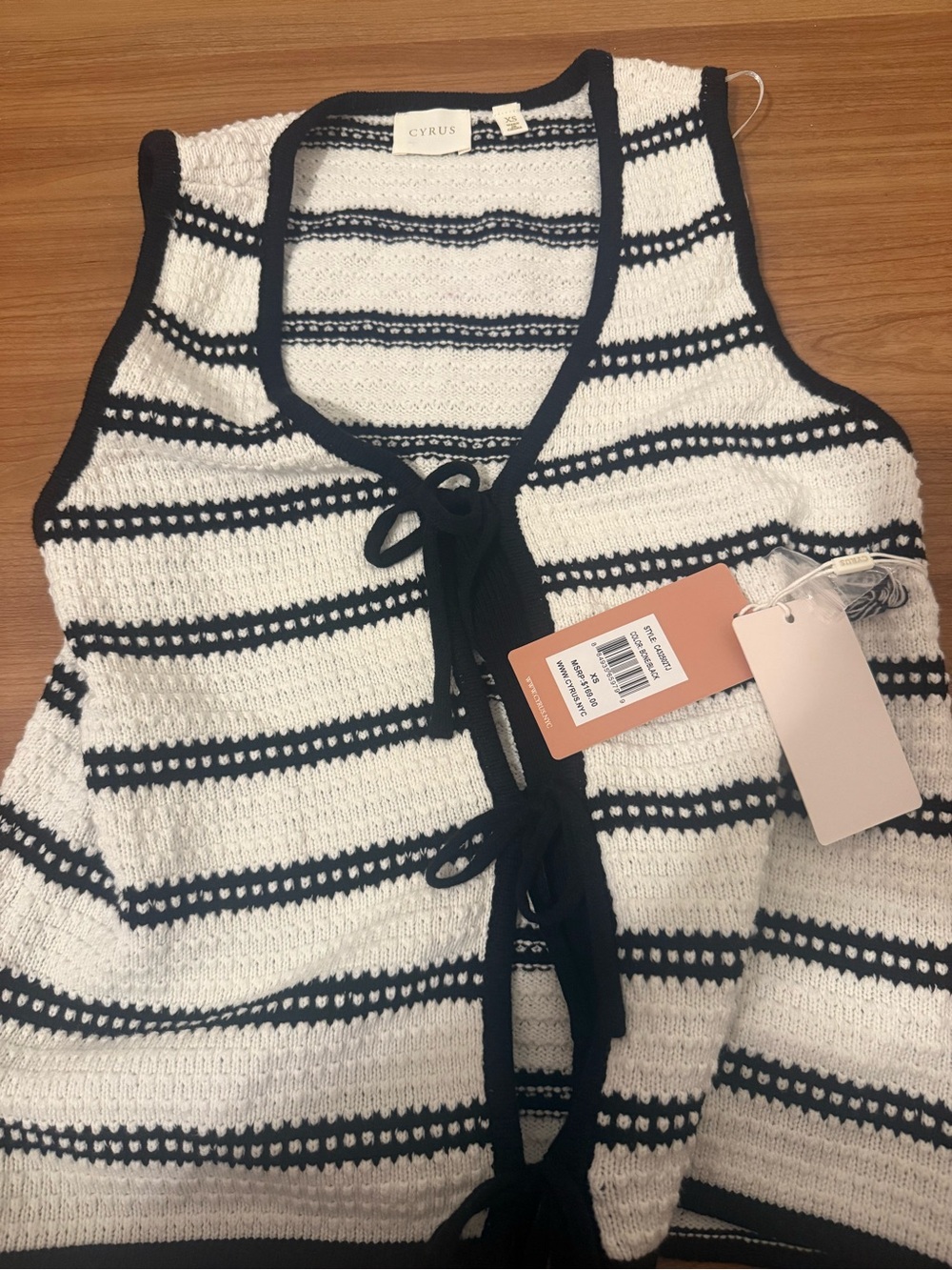 Cyrus Black & White Striped Knit Tie-Front Tank